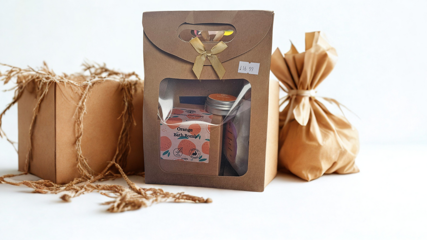 gift bag with bathbomb, lipalm and sugar scrub inside