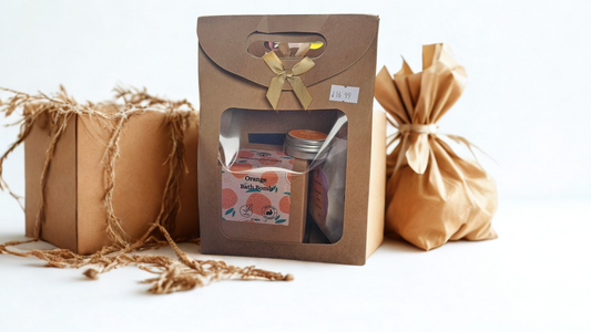 gift bag with bathbomb, lipalm and sugar scrub inside